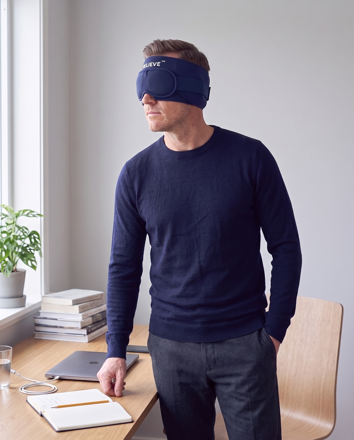 Relieve migrænemaske i navy med den aftagelige 3D-øjenmaske ved siden af på et studiebord