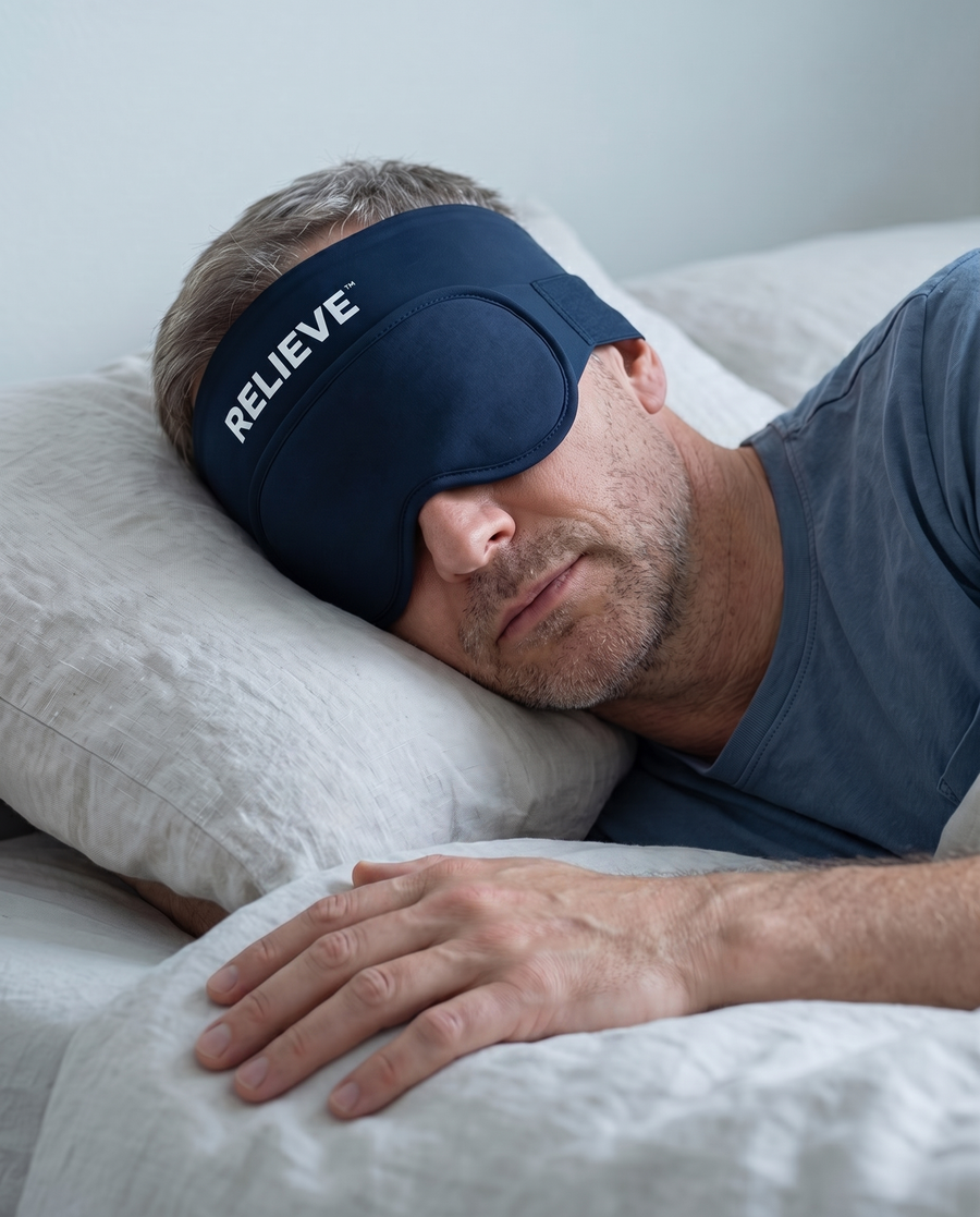 Relieve migrænemasken ligger fremme på et natbord